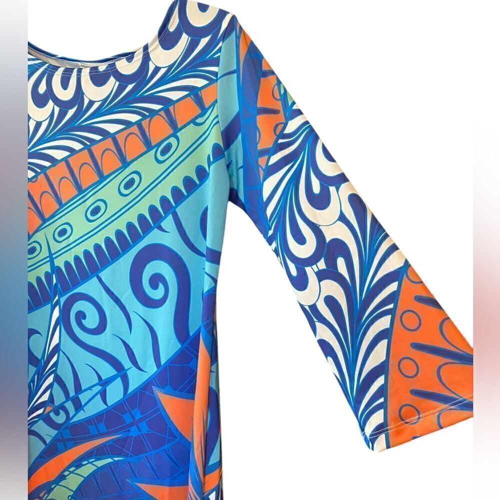 Parisou Sz S Blue Orange Jersey Knit ‘70s Vibe Pattern Shift Luxury Dress - Picture 4 of 6